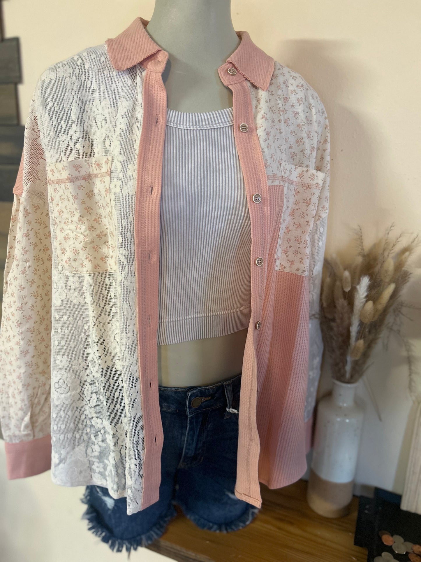 Contrast Ribbed Knit & Lace Shacket