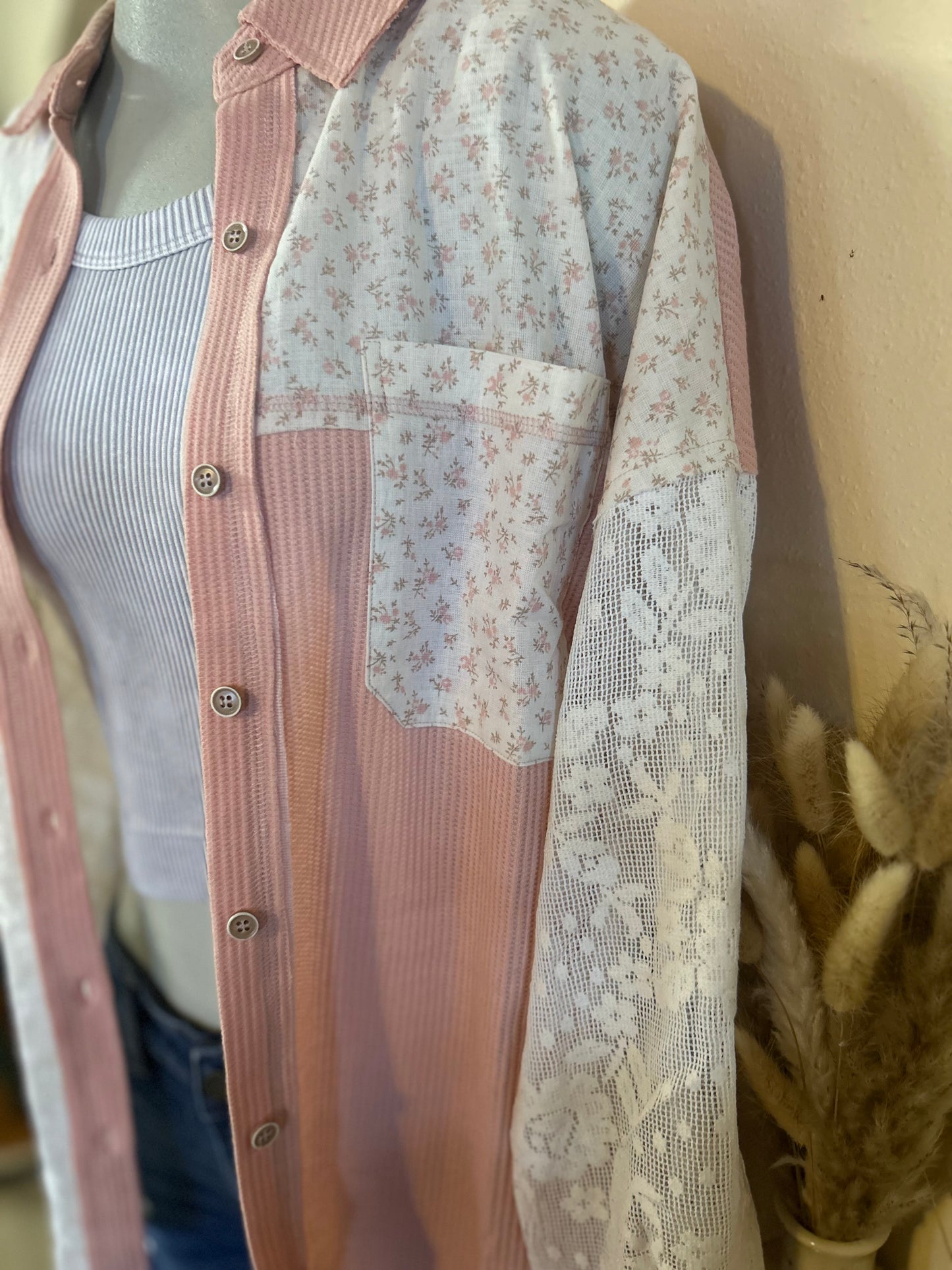 Contrast Ribbed Knit & Lace Shacket