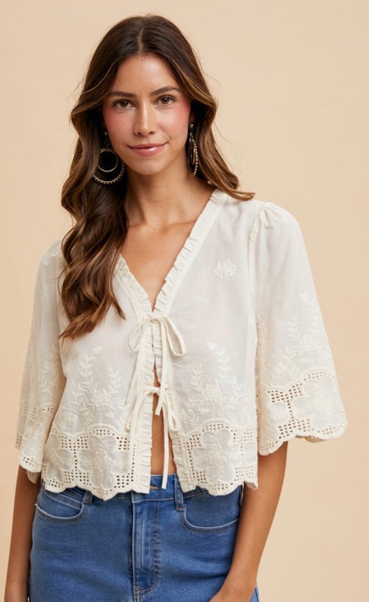 Floral Embroidered Tie Front Top