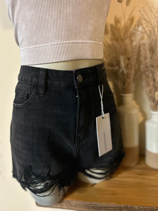 High Rise Black Distressed Denim Shorts