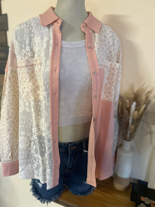Contrast Ribbed Knit & Lace Shacket
